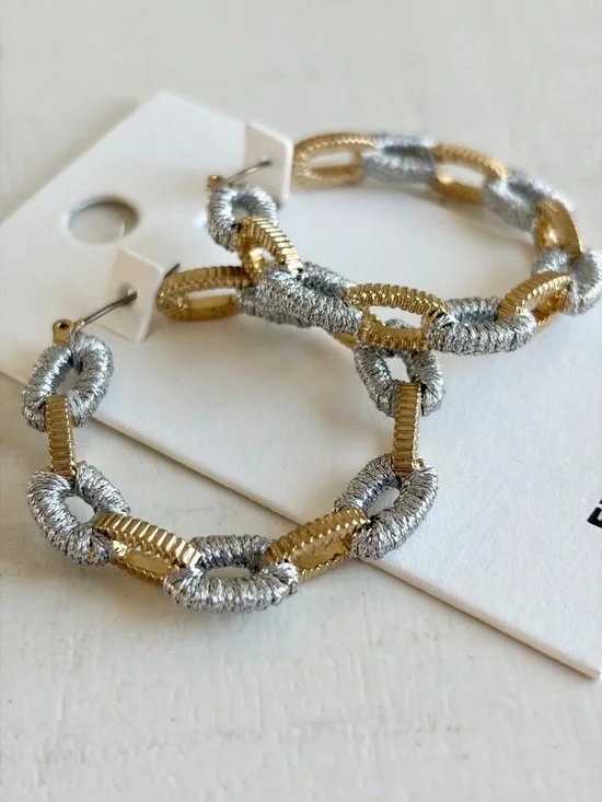Express Two-Tone Chain Link Hoop Earrings in Gold & Silver Tones - Picture 3 of 9